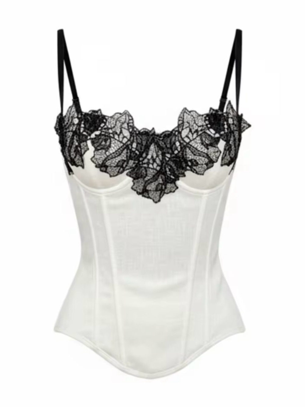 REVOLVE White Lace-Trim Corset Tank Top with Black Floral Lace